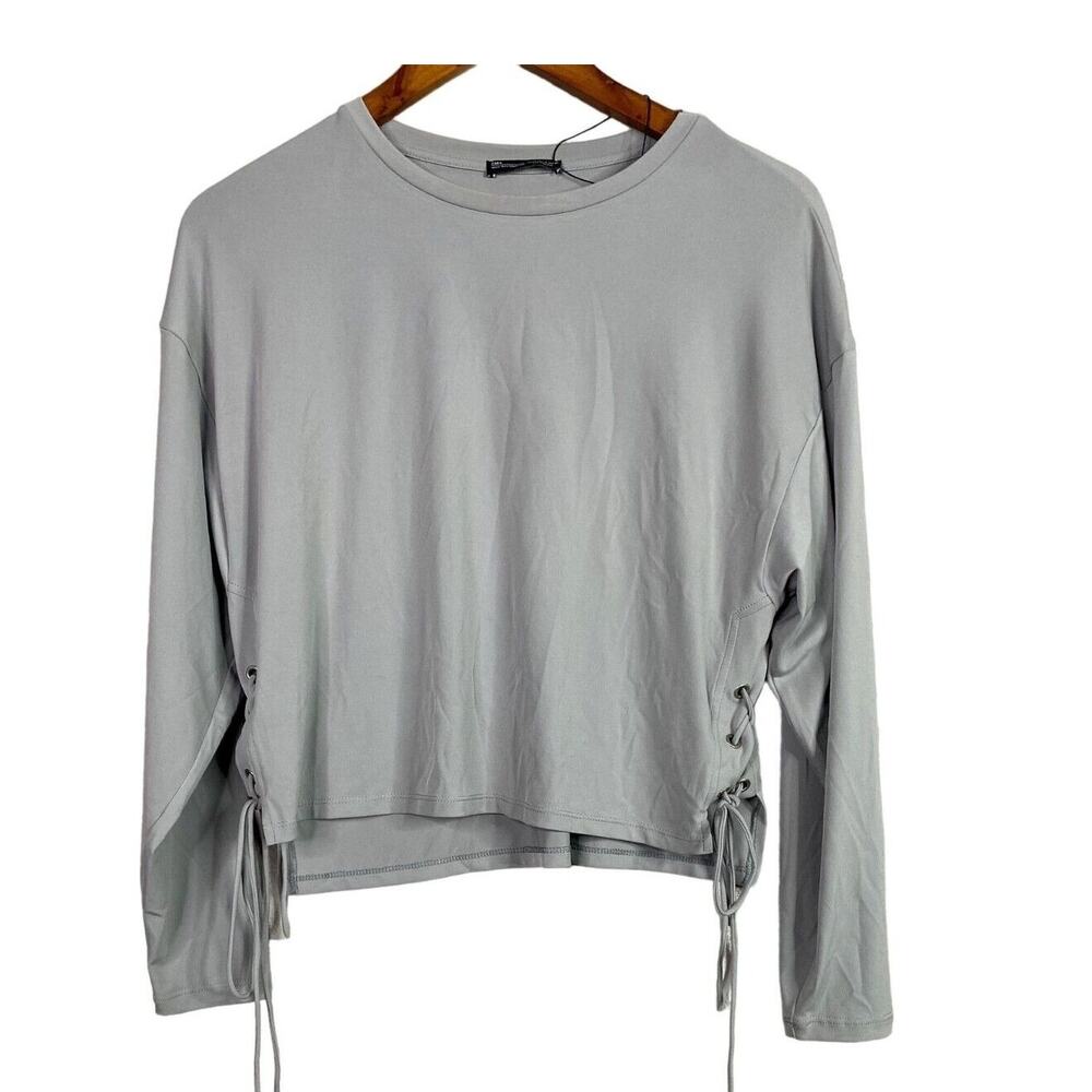 Zara Long Sleeve Cropped Rash Guard Style Side Ruched Lacing Stretch Top M Grey